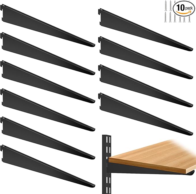10 Pack 9‑Inch Adjustable Wire Shelf Brackets – Heavy‑Duty Double‑Track Closet & Wall Shelving System Supports（Black）