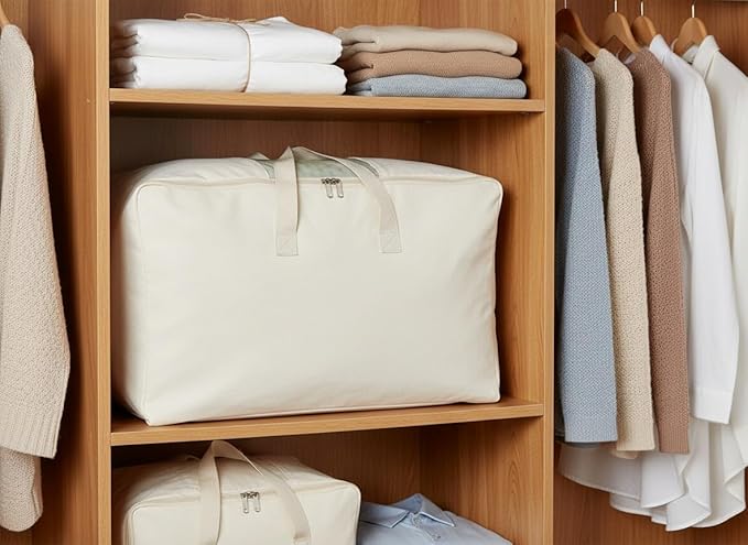 Soft Large Canvas Comforter Storage Bags with Four Carrying Handles and Clear Window, Closet Organizer for Clothing, Blankets Sheets Pillows and Bedding, 80L, 6 Pack, Beige