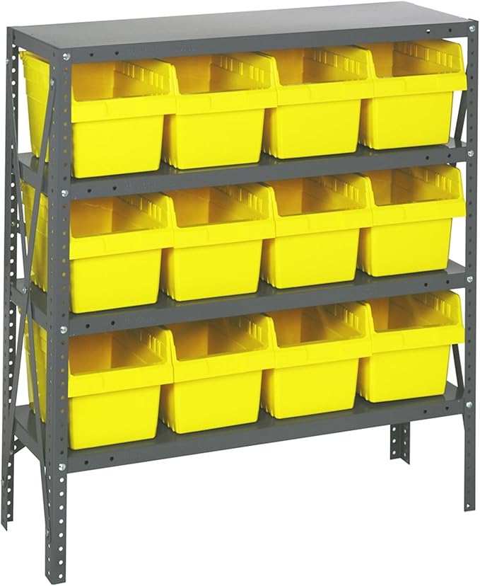 Quantum 1839-SB808YL Heavy Duty Shelving Unit with (4) Shelve and (12) QSB808 Yellow Bins for Garage Warehouse Storage Distribution | 400 lb Load Capacity | 12"D x 36"L x 39"H, Galvanized Carbon Steel