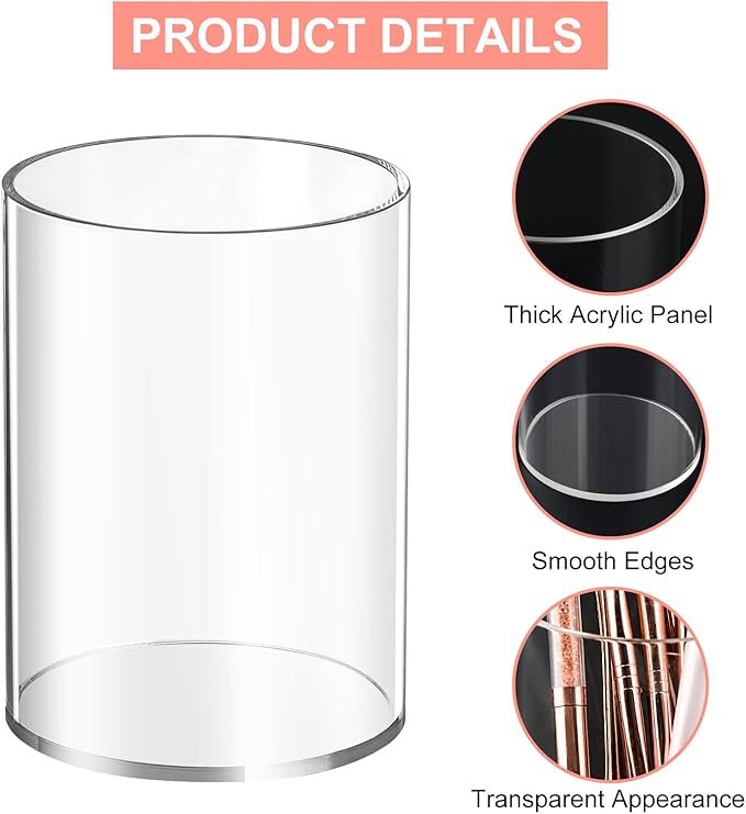 2 Pieces Clear Acrylic Pen Holder Round & Pencil Cup Clear Makeup Bush Holder Acrylic Desktop Stationery Organizer for Office, School, Home, Desk Accessories - 2 Pack, Round