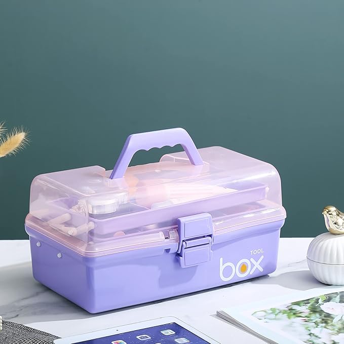 12'' Three-Layer Clear Plastic Storage Box/Tool Box, Multipurpose Organizer and Portable Handled Storage Case for Art Craft and Cosmetic (Purple)