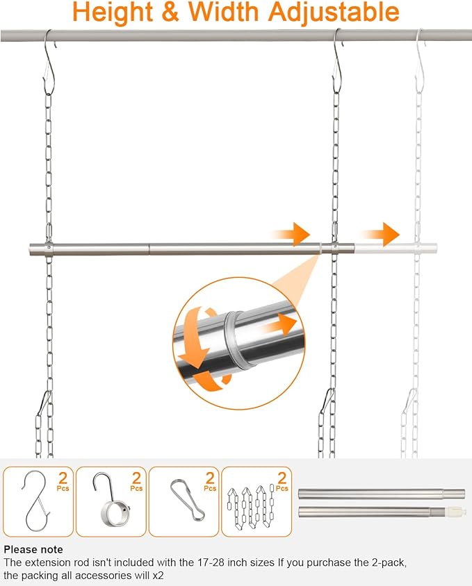 Hanging Closet Rod, Adjustable Width and Height Closet Rods Extender, 17-40inch Heavy-Duty Stainless Steel Bar, Space-Saving Closet Rod Hanging Clothes, 1Pack(Silver)