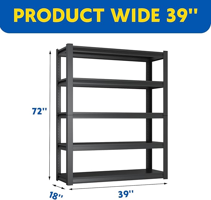 72''H Garage Shelving Heavy Duty, 2500LBS Storage Shelves, 5-Tier Adjustable Metal Shelve Storage Shelf Rack, Industrial Shelving Unit for Garage, Warehouse, Basement (39" W x 18" D x 72" H)
