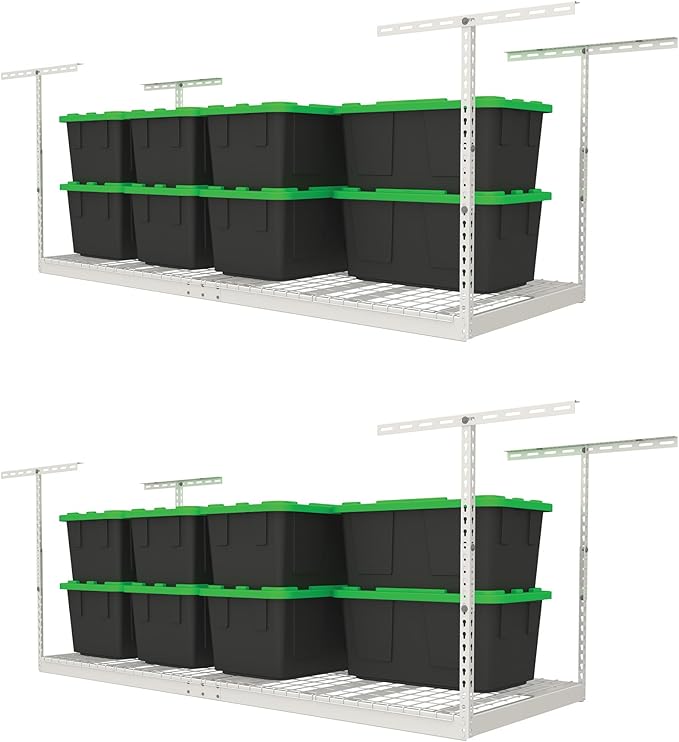 MonsterRax Overhead Garage Storage Racks 3x8’ (2-Pack) Ceiling Mounted Shelving, Adjustable Hanging Organizer, Heavy Duty Steel, Holds 500 Pounds, Color: White, Adjustable from 24"-45" off the Ceiling