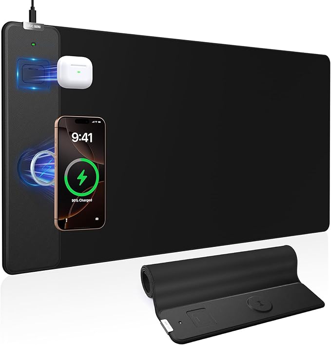 Mouse Pad with Magnetic Wireless Charger, 31.5"x15.8" Large Gaming Desk Mat, Non-Slip Base, Waterproof Ultra-Smooth Keyboard Pad for Gamer, Office & Home, Black