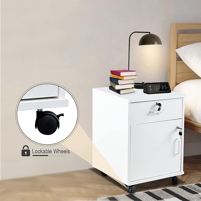 File Cabinet with Lock and Drawer, Mobile Under Desk Storage Cabinet with 360° Swivel Wheels, Wooden Filing Cabinet File Organizer for Legal/Letter/A4 Documents, Home Office Filing Cart (White)