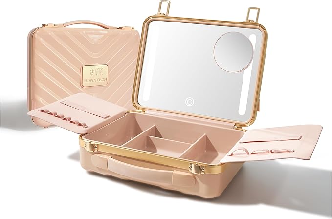 ROWNYEON Light Up Travel Makeup Case With Mirror - Portable Makeup Organizer and Train Case for Makeup Artists and Girls (Pink)