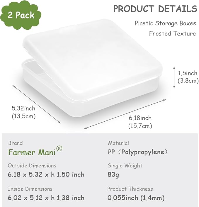 2 Pack (6.18x5.32x1.5 Inches) Rectangular Clear Frosted Plastic Box Containers with Buckle Lids,Rectangle Plastic Clear Storage Containers Box for Make Up,Eye,Pills,Gems,Beads,Jewelry,Small Items