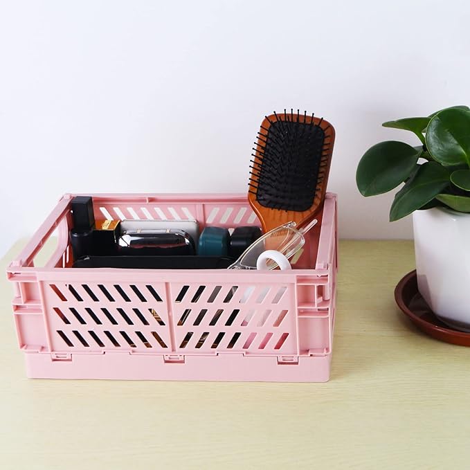 Tixill 2-Pack Mini Foldable Plastic Baskets for Organizing and Storage, Collapsible Storage Crate for Home Kitchen Bedroom Bathroom Office (9.8x6.5x3.8, Pink)