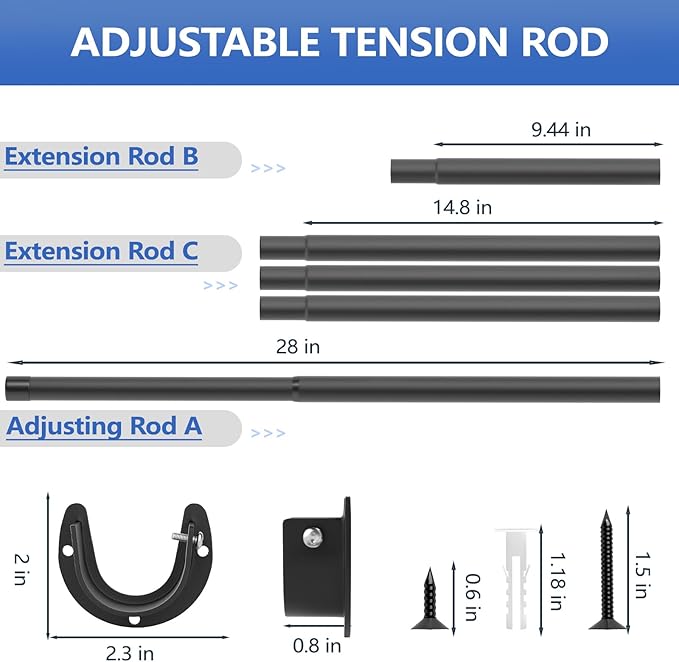 Closet Rods for Hanging Clothes, 17 to 83 Inch Closet Rod, Heavy Duty Adjustable Clothes Hanging Bar Rod Matte Black Closet Poles for Wardrobes, Closet, Bathroom, Windows,1.3 Inch Diameter