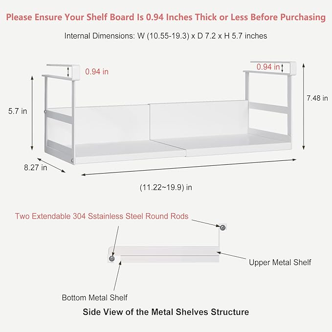 Expandable Under Cabinet Shelf Organizer with 0.94-Inch Thick Clips, Heavy Duty Extendable Under Shelf Storage Basket for Pantry or Laundry Room, White, 2 Pack, Interior: 5.7" H x 7.2" D