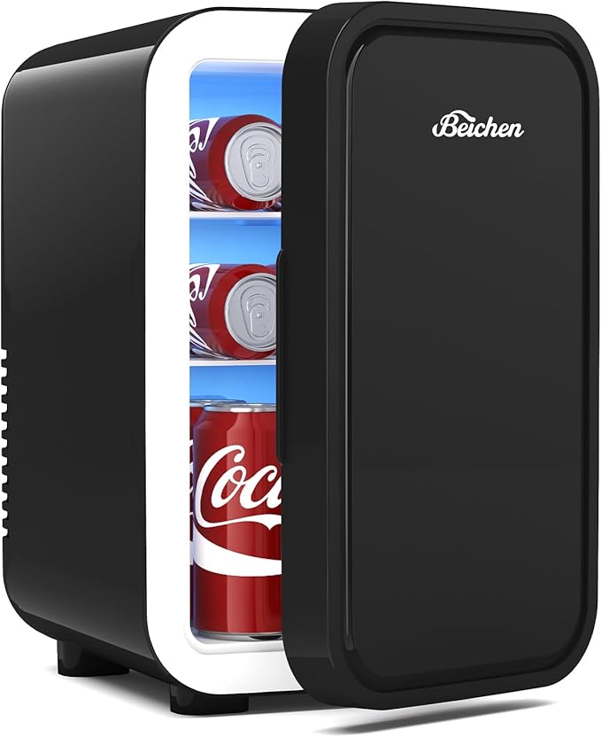 Mini Fridge,6 Liter / 8 Can Small Fridge for Bedroom, Car, Office & Dorm, AC100-120 V/DC 12 V Portable Thermoelectric Cooler & Warmer for Skincare, Food, Drinks,Black ﻿