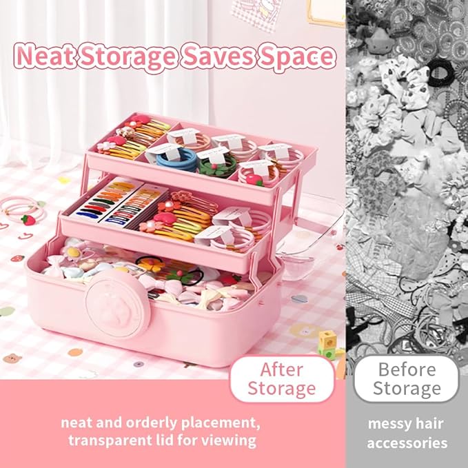 Bow Knot Hair Accessories Organizer Box - Cute Dust Proof Childrens Jewelry Storage Box, 3 Layers Plastic Storage Box for Clips, Headbands, Bands, Jewelry, etc
