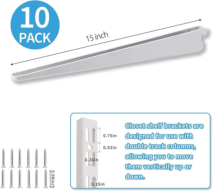 10 Pack 15‑Inch Adjustable Wire Shelf Brackets – Heavy‑Duty Double‑Track Closet & Wall Shelving System Supports（White）