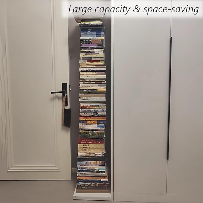 Invisible Vertical Spine Bookshelf Tower,Tall Narrow Metal Bookshelf for Small Space,Corner Floor Standing Book Organizers for Living Room, Office, Entryway(7 Tier, White)