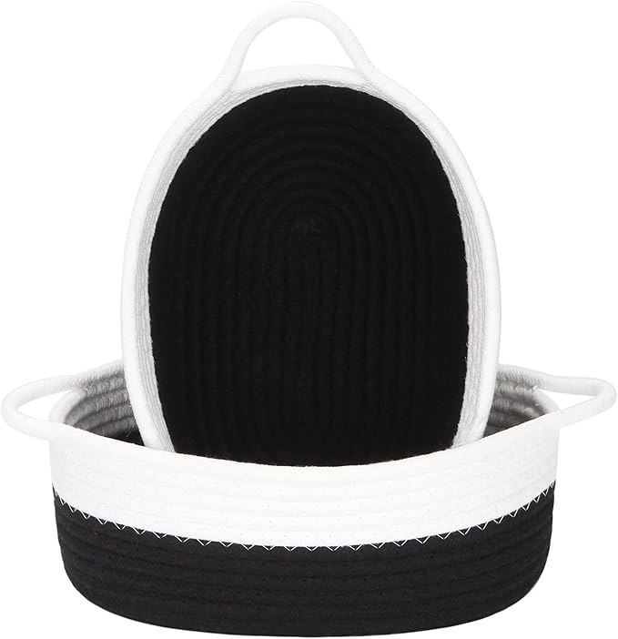 Sea Team 2-Pack Cotton Rope Baskets, 10 x 7 x 4 Inches Small Woven Storage Basket, Fabric Tray, Bowl, Oval Open Dish for Fruits, Jewelry, Keys, Sewing Kits (Black & White)