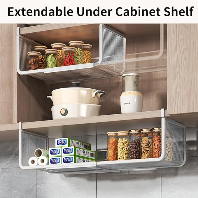 Expandable Under Shelf Basket Organizer, Under Shelf Storage, Hanging Baskets Under Cabinet for Pantry Kitchen Cupboard Desk Counter Bookshelf Space Saver Heavy Duty Slide-in (white, 1 Pack)