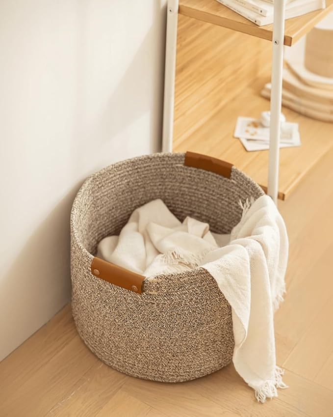 Medium Cotton Woven Basket with PU Leather Handle, Baby Kids Clothes Toys Candy Gifts Cotton Rope Organizer, Living Room Bathroom Shower Storage Laundry Basket, Dog Cat Bed, Cute Decor, Coffee