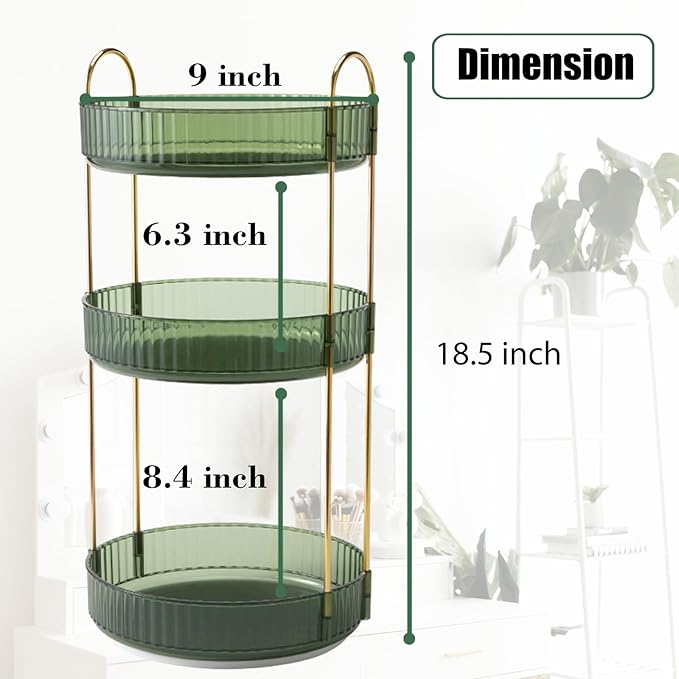 Rotating Makeup Organizer Countertop 3 Tier Lazy Susan Trays Clear Skincare Perfume Storage for Bathroom Counter Vanity, Green Gold