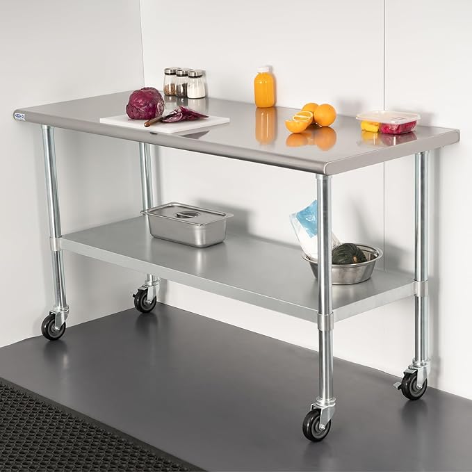 HARDURA Stainless Steel Table with Wheels 30 x 48 Inches Casters NSF Heavy Duty Commercial Work & Prep Table with Undershelf and Galvanized Legs for Restaurant Kitchen Bar and Hotel Garage