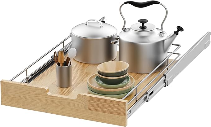 Pull Out Cabinet Organizer,Heavy-Duty Slide Out Shelf, Wood And Wire Basket, Pull Out Drawer for for Kitchen Under Sink Space, Pantry, Bathroom (23 * 21 WM)