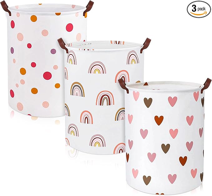 Patelai 3 Pieces Large Laundry Hamper Round Collapsible Organizer Storage Bin Waterproof Foldable Dirty Clothes Laundry Basket for Home Bathroom(Rainbow)