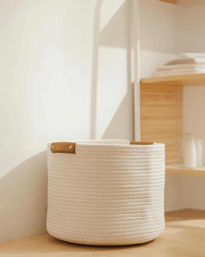 Small Cotton Woven Basket with PU Leather Handle, Baby Kids Clothes Toys Candy Gifts Cotton Rope Organizer, Living Room Bathroom Shower Storage Laundry Basket, Dog Cat Bed, Cute Decor, Black
