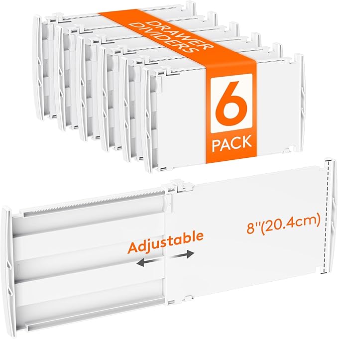 Lifewit 8" High 6 Pack Deep Drawer Dividers, 13.8-22.5" Adjustable Dresser Drawer Divider, White Drawer Organizer for Clothes, Tall Drawers Separators for Dresser, Kitchen, Bedroom, Cabinet, Office