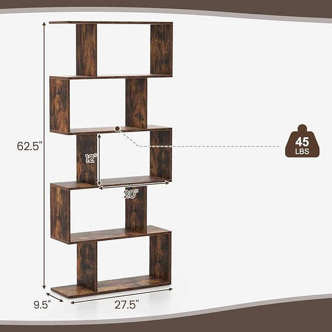 5-Tier Geometric Bookcase Set of 2, 62.5” Freestanding Room Divider Bookshelf with Open Display Shelves & Anti-tip Device, Wood S-Shaped Storage Organizer for Living Room, Bedroom & Home Office