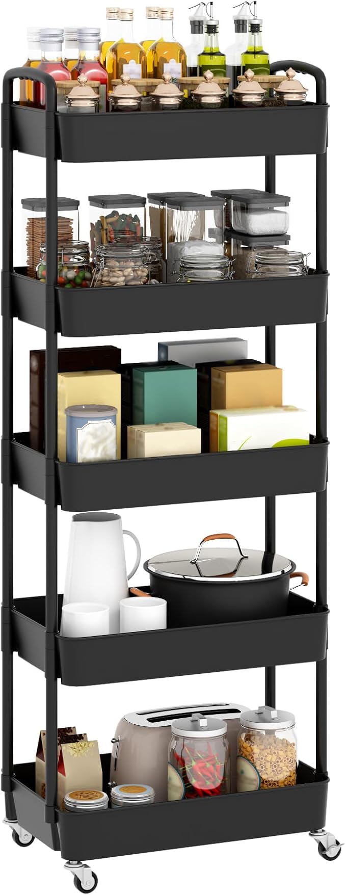 Sywhitta 5-Tier Plastic Rolling Utility Cart with Handle, Multi-Functional Storage Trolley for Office, Living Room, Kitchen, Movable Storage Organizer with Wheels, Black