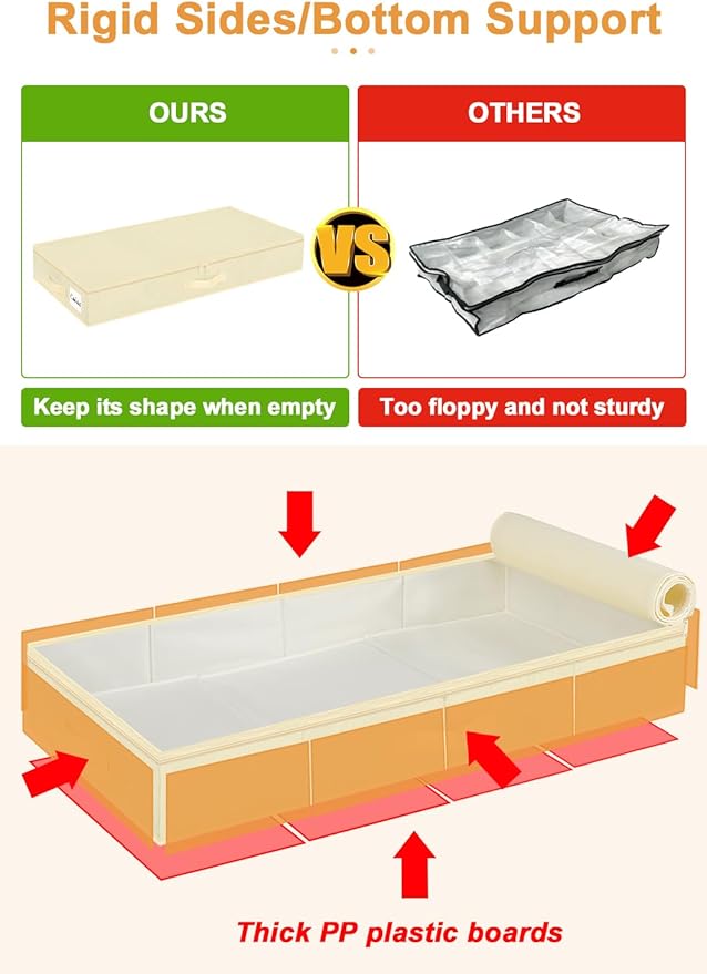 punemi 4.5 Inch Tall Low Profile Under Bed Storage Containers Bins, 2Pcs Shallow Flat Underbed Clothes Storage With Sturdy Structure Support, Under Couch & Sofa Storage For College Dorm Room, Beige