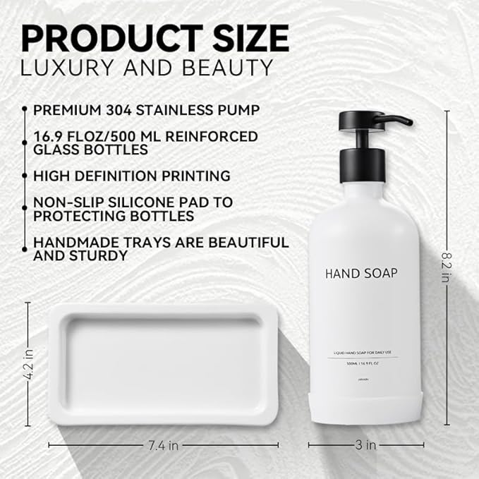 Glass Kitchen Soap Dispenser Set with Ceramic Tray,16.9 floz Hand and Dish Soap Dispenser for Kitchen and Bathroom Decor (White Bottles + Black Pumps)