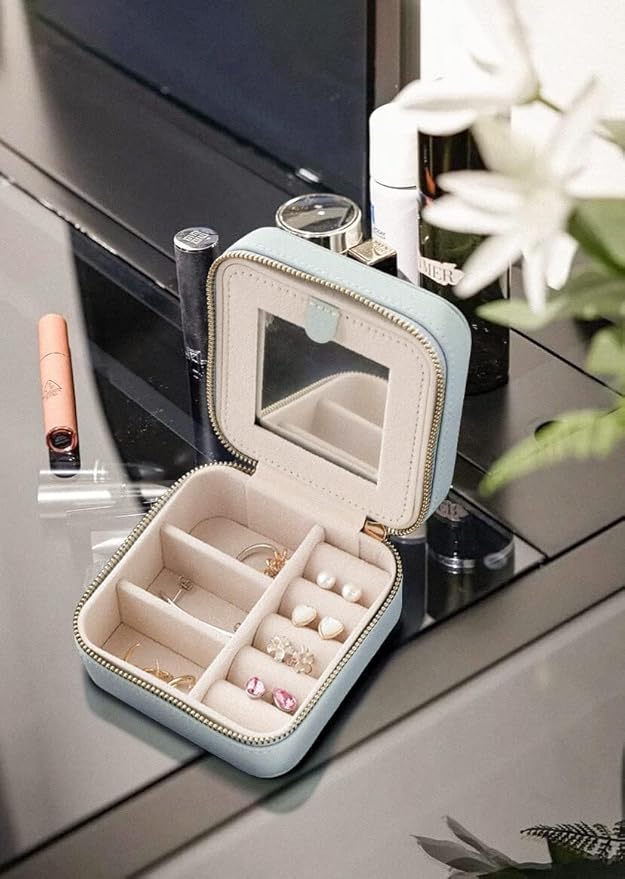 S.Leaf Travel Jewelry Organizer Boxes for Women Small Portable Necklace Earrings Bracelet Rings Travel Case Best Friend Birthday Gifts for Women Trendy (Butterfly_Hazeblue_Gold)