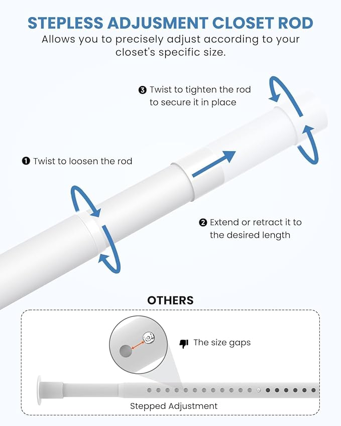 3 PACK Closet Rods for Hanging Clothes, 17 to 28 Inches Stepless Adjustable Metal Closet Rod, 1.3 Inches Heavy Duty Clothes Hanging Rod for Closet Wardrobes Laundry RV, White