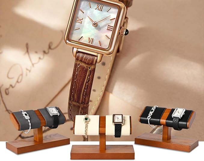 Oirlv Solid Wood Double Watch Display Stand Watch Bracelet Organizer（Black）