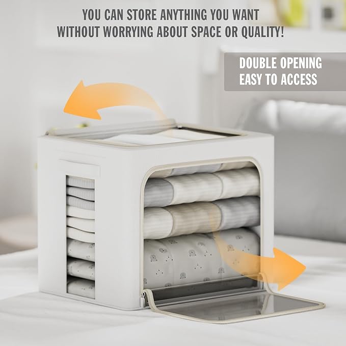 FHSQX 2 Pack Clear Window Storage Bins Large Stackable Linen Fabric Storage for Clothes Foldable Container Organizer Set with Carrying Handles (Lvory White, 19.7x 15.7x 12.6 Inch)