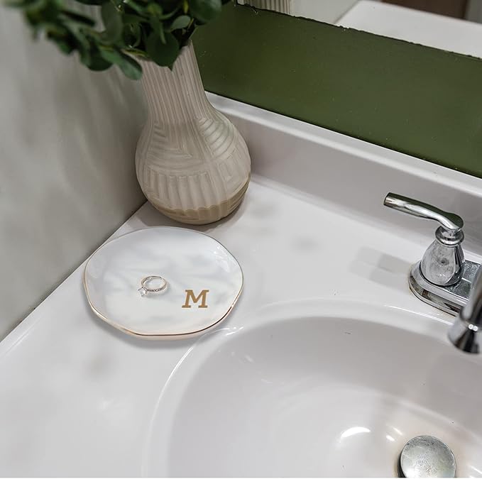 Initials Ring Dish Jewery Tray with personalized N-Monogrammed Gifts Wedding Engagement for Women Friends sister,Ceramic White