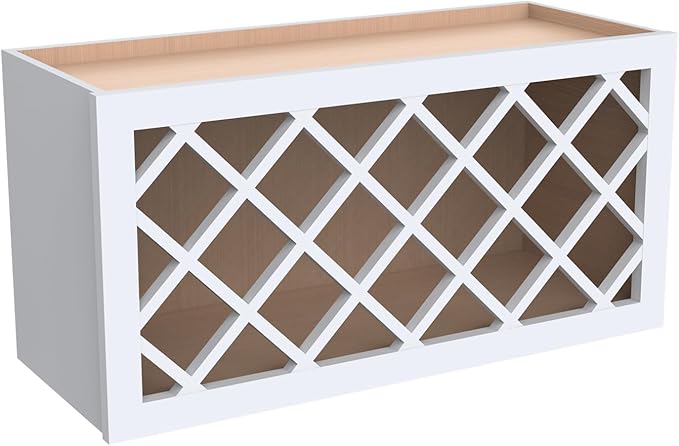Solid Wood RTA Grid Wine Rack Cabinet for Kitchen, Dining Room, Cellar - Wall-Mounted Bottle Storage (SK-White, 36" Width x 12" Depth x 18" Height)