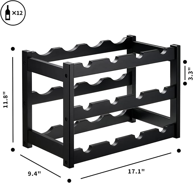 VASMIA Bamboo Wine Rack, Sturdy and Durable Wine Storage Cabinet Shelf, Wine Racks Countertop for Pantry,Kitchen,3-Tier 12 Bottles Wine Rack Black