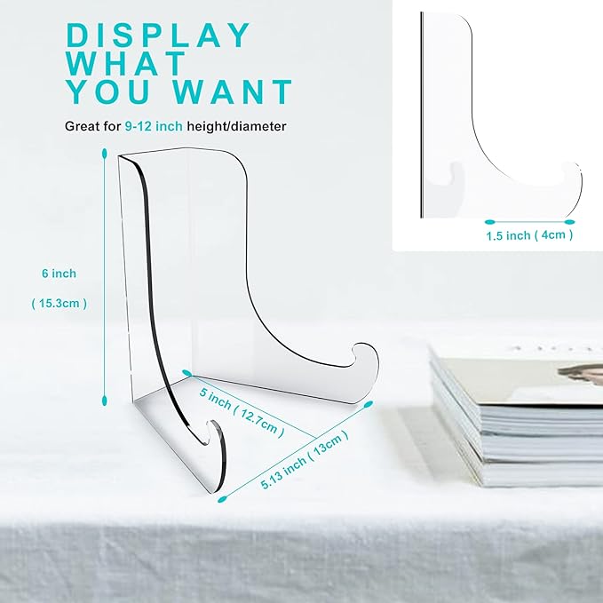 Boloyo Flat Back Acrylic Plate Display Stand, 6 Inch 2PC Clear Acrylic Display Holder Easel Base for Home Office Kitchen School Art Display