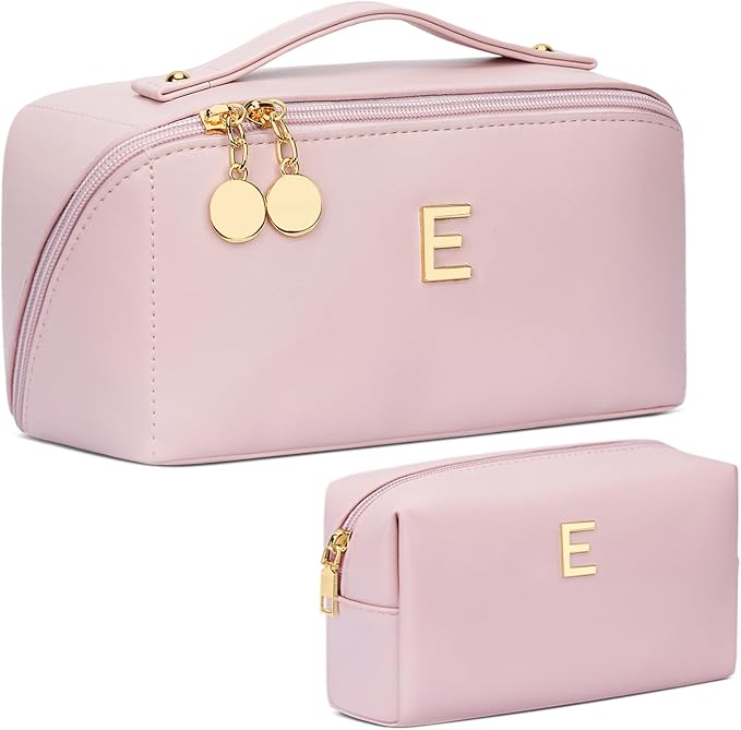 Birthday Gifts for Women Teen Girl, Personalized Initial Makeup Organizer Bag Set, Open Flat Travel Cosmetic Bag With Clear Divider and Handle(Pink,E)