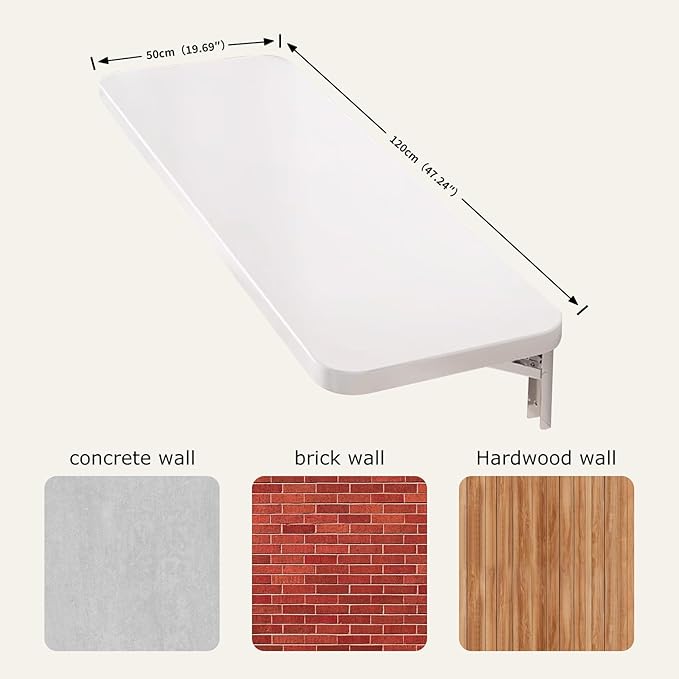 Wall Mounted Folding Wood Table, Folding Table with Heavy Duty Metal for Laundry Collapsible Shelf Brackets, Wall Mounted Desk Fold Down for Small Spaces White 120 * 50cm/47.2”*19.7”