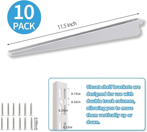 10 Pack 13‑Inch Adjustable Wire Shelf Brackets – Heavy‑Duty Double‑Track Closet & Wall Shelving System Supports（White）