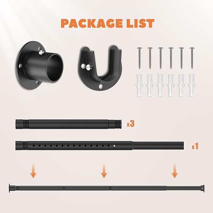 Closet Rod 30-63 Inches, Adjustable Heavy Duty Metal Black Closet Rods for Hanging Clothes 1.3 Inches Diameter for Wardrobes Laundry