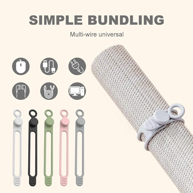 Data Cable Organizer, Silicone Cable Ties Reusable - Elastic Cord Organizer for Electronics, Adjustable Wire Ties for Cable Management,Computer Wires,Phone Charger,Earphone,Home Office (Mix, 10PCS)