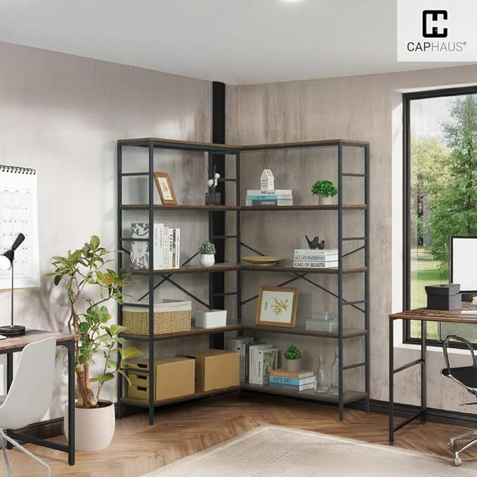 CAPHAUS L-Shaped Bookshelf, 5 Tier Industrial Corner Bookcase, Tall Corner Shelf with Metal Frame, Wooden Board, Open Display Shelf for Living Room, Bedroom, Home and Office, Rustic Oak