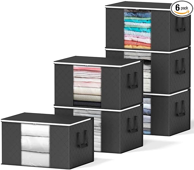 SpaceAid 6 Pack 90L Clothing Storage Bags, Heavy Duty Closet Storage Bins, Extra Large Moving bags, Storage Containers for Clothes, Blankets, Comforters, and Pillows - Black