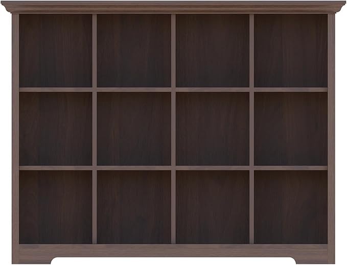 Cube Shelf Bookcase with Base - Wooden 3 Tiers Floor Standing Low Storage Cabinet for Home and Office, 12-Cube Lattice Bookshelf, Walnut