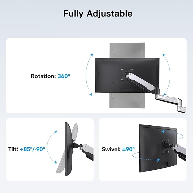 HUANUO Triple Monitor Stand - Full Motion Articulating Monitor Mount Fit Three 17 to 32 inch Flat/Curved LCD Computer Screens with Clamp, Grommet Kit, Silver