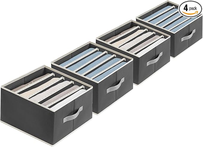 Clothes Organizers and Storage - Fabric Jeans Organizer with Handles, Foldable Drawer Dividers for Clothes, Closet Shelf Organizer for Shirts, Bra, Sweater, Scarf, 4 Pack, Dark Grey